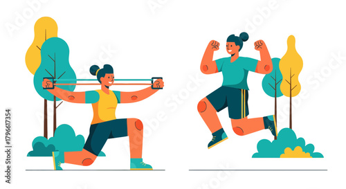 Healthy Lifestyle And Exercises: Two Women Engaging In Workout Activities Outdoors.