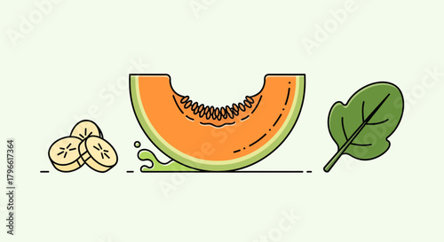 Healthy Food Illustration Depicting Melon, Bananas, And Spinach in a Minimalist Style