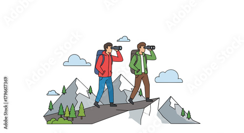 Hikers Observe The Distant View With Binoculars On A Mountain Ridge