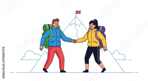 Hikers Reach Mountain Peak Together Sharing Success and Teamwork in Adventure