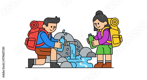 Hikers Refilling Water Bottles From a Natural Spring In Beautiful Scenic Setting