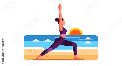 Healthy Lifestyle Concept Depicting Woman Practicing Yoga On The Beach At Sunrise