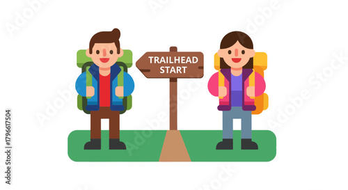 Hikers Stand Near Trailhead Sign Pointing The Path to Adventures and Discoveries