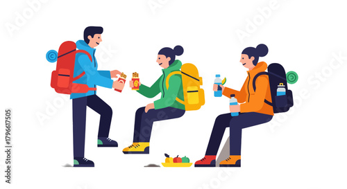 Hikers Sharing Snacks And Refreshments During A Well-Deserved Break Illustration