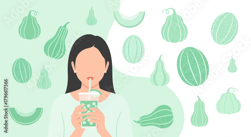 Healthy Lifestyle Concept Featuring Woman Enjoying Melon Smoothie with Fresh Natural Fruits