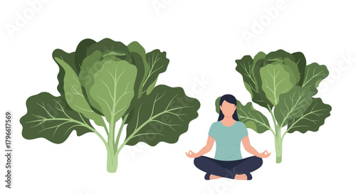 Healthy Lifestyle Concept: Woman Meditating Beside Cabbage-like Plants On Black