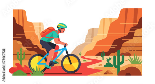 Illustrated Biker Riding Mountain Bike Through Desert Canyon With Red-Colored Terrain