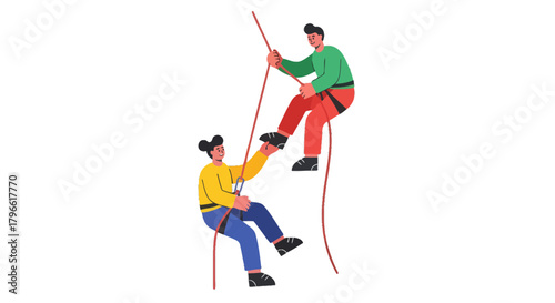 Illustrated Climbing Team Showing Mutual Support and Safety Precautions During Adventure