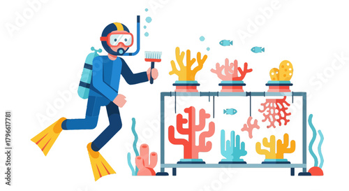 Illustrated Diver Exploring Aquarium Reef with Coral Samples for Marine Biology Research