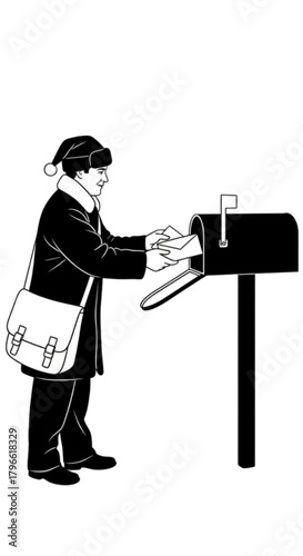 Black and white line art illustration of a postman delivering mail.