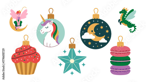 Festive Baubles: Charming illustrations of Christmas ornaments, each adorned with a unique whimsical design, showcasing the spirit of the holidays.
