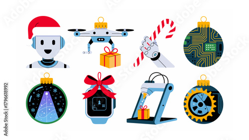 Christmas Tech Delights: Festive ornaments celebrate the fusion of technology and holiday cheer, showcasing an array of tech-inspired decorations, perfect for a digital holiday season.