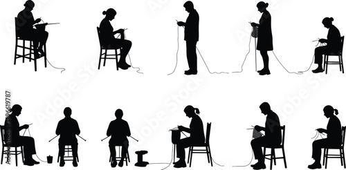 Knitting silhouettes, crochet figures, yarn craft people, handmade hobby, creative activity, textile art, needlework posture, crafting lifestyle, traditional skill, flat vector