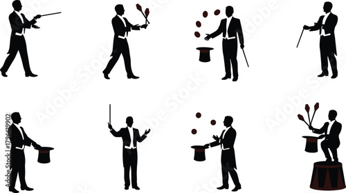 Magician juggling clubs, wand tricks, rabbit in hat, stage illusion, fantasy entertainment, theatrical performance, silhouette design, circus show, magic art, flat vector