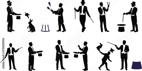 Magician performing tricks, rabbit in hat, juggling clubs, wand illusions, stage entertainment, magic show, theatrical performance, fantasy art, silhouette design, flat vector
