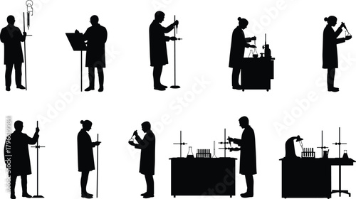 Laboratory scientist silhouettes, people in lab coats, titration experiment, chemical mixing, data recording, scientific research activity illustration, precision study, flat vector