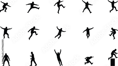 Human movement silhouettes, dynamic action poses, jumping running climbing, fitness exercise, athletic training, outdoor lifestyle, motion study sequence, flat vector design