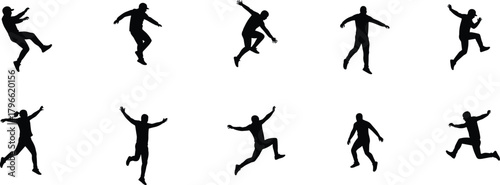 Jumping running silhouettes, human motion poses, athletic activity, fitness exercise, dynamic movement, sports training, outdoor lifestyle, biomechanics study, flat vector design