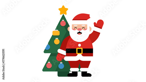 Santa and Christmas Tree: Merry Santa Claus stands cheerfully beside a decorated Christmas tree, extending a welcoming hand in a festive greeting.