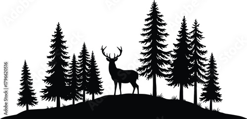 Deer silhouette standing on hill surrounded by pine trees, wildlife forest landscape vector illustration, nature scenery design for adventure, outdoor, and mountain art
