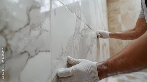 Tiling Process: A skilled tradesperson meticulously places a marble tile on a wall during renovation, showcasing the detail of the new tile work.