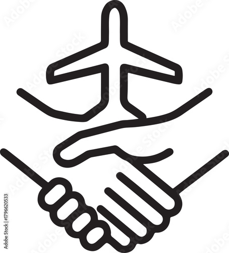 Silhouette two shaking hands forming airplane shape symbolizing trusted travel partnership.