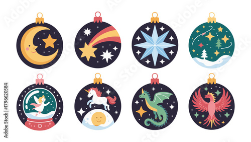 Magical Ornaments: An array of delightful, whimsically decorated Christmas ornaments, each adorned with a unique festive scene. These colorful spheres radiate charm. 