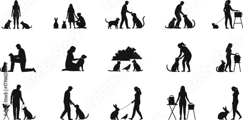 Human animal interaction silhouettes, people with pets, walking dogs, feeding cats, sitting with rabbits, birds, squirrel companionship, flat vector