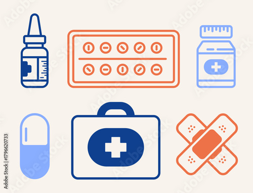 Set of colorful medical and pharmacy icons in a flat style. A simple collection of two-tone first aid symbols, including medicine bottle, capsule, and first aid kit, isolated for healthcare graphics.