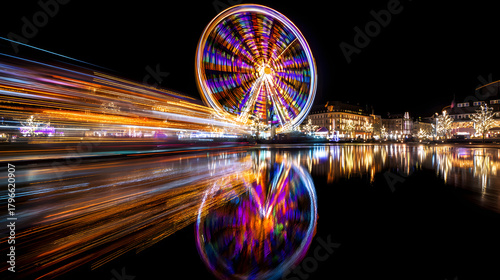 Christmas market ferris wheel at night, colorful reflections and motion blur trails, urban festive vibrancy