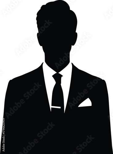 Elegant male silhouette in formal business suit, professional corporate attire illustration for branding, leadership concepts, office presentation, isolated modern vector