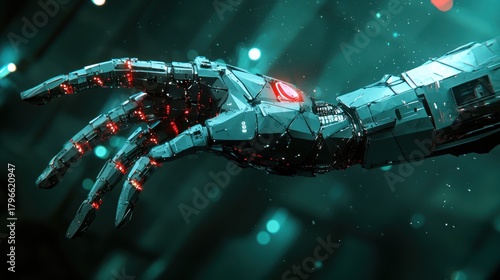 Futuristic robotic hand reaching out, glowing tech background, possible use for sci-fi or gaming