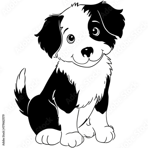 Black and white puppy illustration smiling dog sitting vector design