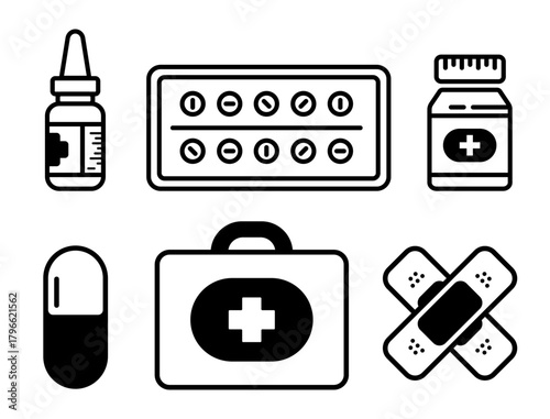 Set of medical and first aid line art icons. A simple black and white collection of pharmacy and health symbols, including pill bottle, capsule, and bandages, isolated for web or print design.