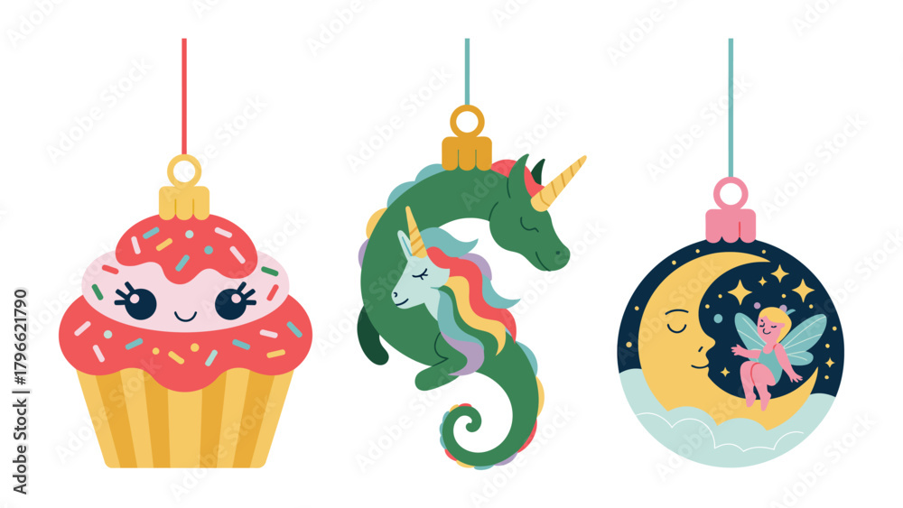 Φωτογραφία Whimsical Christmas Ornaments: Delightful Christmas ornaments, featuring a cupcake, unicorn-seahorse, and fairy with moon and star, exuding holiday cheer