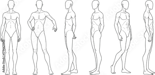 Human figure sketches, anatomy poses, front side rear views, body proportion study, artist reference, character design, drawing practice, simplified outline, flat vector