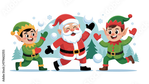 Holiday Frolic: Santa Claus joyfully engaging in a playful snowball fight with two spirited elves, creating a scene of festive cheer and winter merriment.