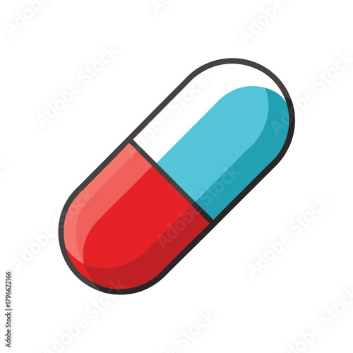 Red and blue capsule pill with black outline on white background medicine pharmaceutical