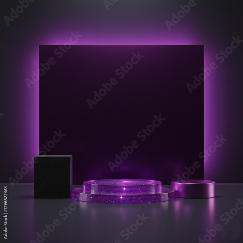 Three sleek metallic pedestals of varying heights and shapes, illuminated by spotlights against a dark NEON PERPLE, set on a concrete floor, ideal for product display or abstract presentation.