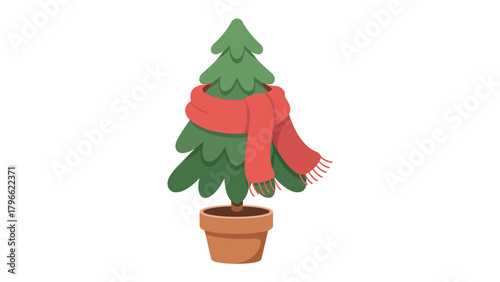 Winter Pine: An illustration of a Christmas tree adorned with a scarlet scarf and potted in an earthen pot. Perfect for festive promotions. 