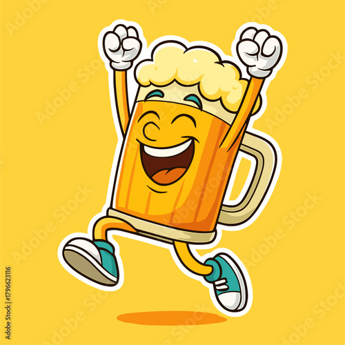 Happy cartoon beer mascot jumps with delight