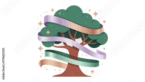 Symbolic Tree of Life: A vibrant illustration of a tree entwined with colorful ribbons, representing growth, interconnectedness, and the beauty of nature.