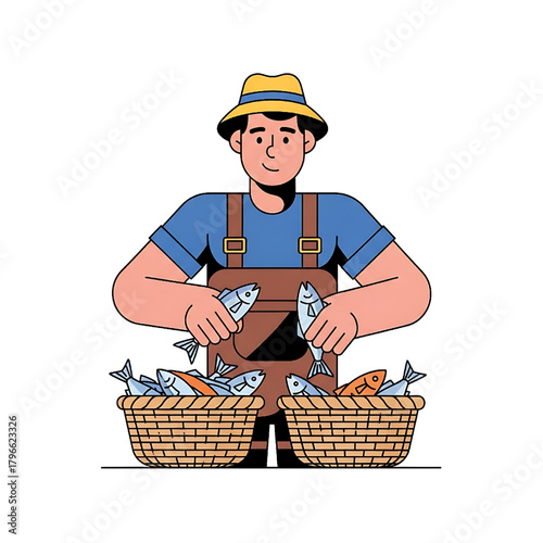 Fisherman with Baskets Full of Fish Illustration Vector
