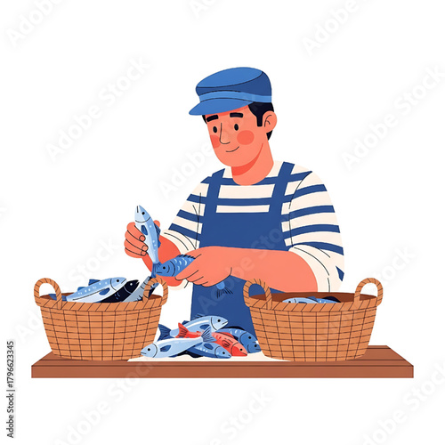 Fishmonger Preparing Fish on a Wooden Table with Baskets