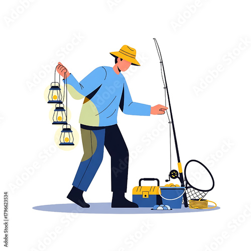 Cartoon fisherman with fishing gear and lanterns illustration