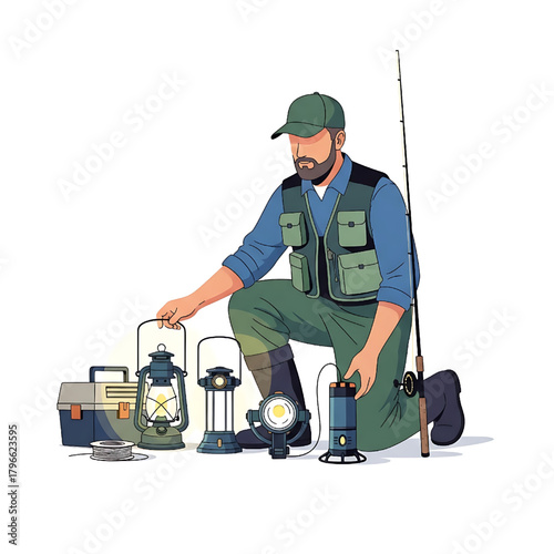 Fisherman preparing fishing gear vector illustration