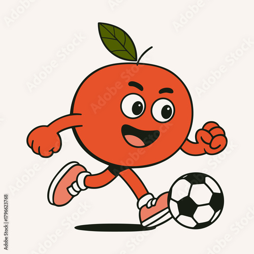 Cartoon mascot apple plays at soccer game