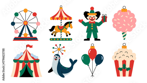 Circus Fun Fair Icons: Vibrant illustrations capture the essence of a funfair with icons, evoking nostalgia and excitement for all ages.