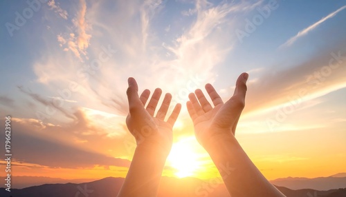 Open hands reaching towards the vibrant sky during sunrise or sunset, creating a sense of hope and spirituality