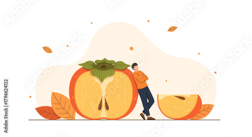 Illustration Of A Person Leaning On A Giant Persimmon Fruit With Autumnal Leaves